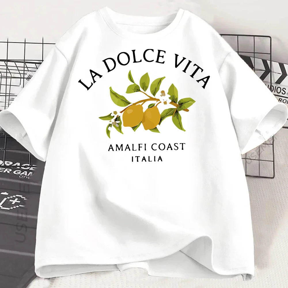 Lemon Letter Print T-shirt Short Sleeve Crew Neck Casual Top for Summer Women Kawaii Streetwear Graphic Tees Vintage Fruit Shirt