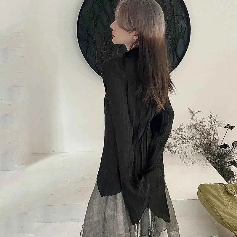 Karrram Gothic Black Shirt Yamamoto Style Dark Aesthetic Blouse Women Irregular Designer Clothes Emo Alt Clothes Grunge Tops Y2k