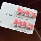 10pcs high-end Pink girlish style, hand-painted three-dimensional carvings, decorated with small gold beads handmade French Tip
