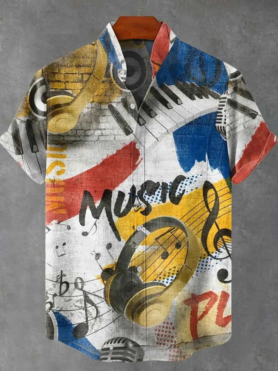 Summer Men's Short Sleeve Shirt Wave Vintage 3D Printed Casual Fashion Linen 100% Men's Beach Holiday Short Sleeve Shirt