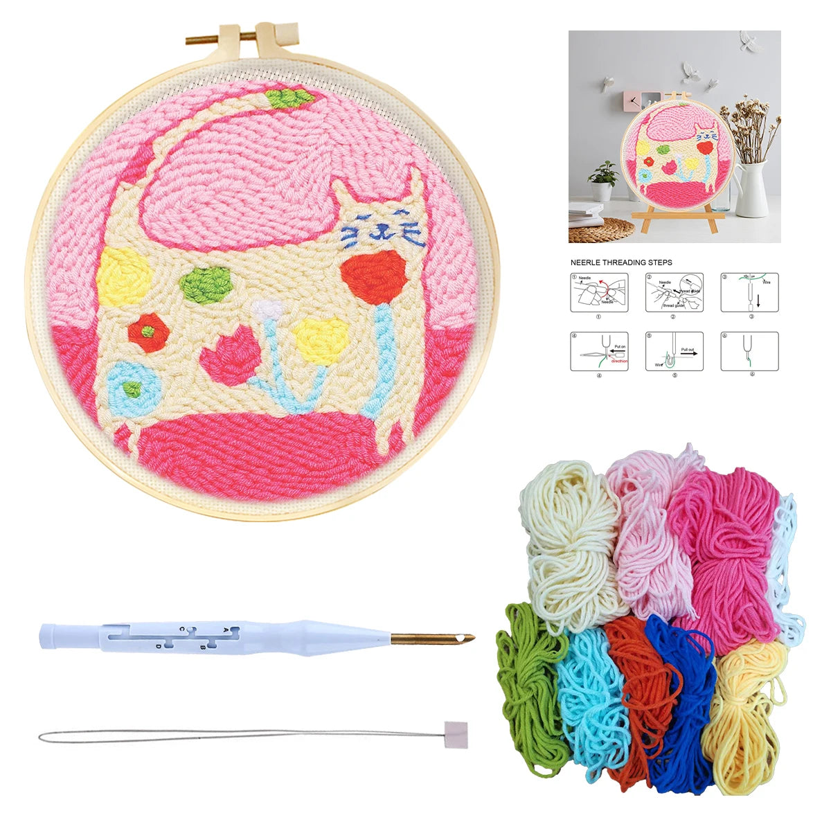 CHENISTORY Diy Punch Needle Embroidery Starter Kits For Beginner Cartoon Cute Animals Poking Embroidery Yarn Painting Arts