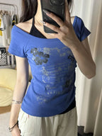 2026 Summer Vintage Fake Two Piece Halter Lace Up T-shirts Y2k Slim Fit Print Tops Women Off Shoulder Short Sleeve Tee Shirt