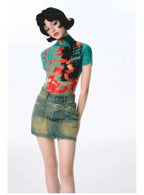 Women Bodycon T-Shirts Short Sleeve Tie Dye Tees Stretch Crop Tops Goblin Core 2000s Coquette Gyaru Aesthetic Kpop Kawaii Summe