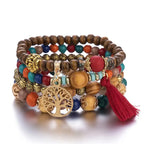 Boho Tree Of Life Bracelet Set For Women Fashion Tassels Charm Wooden Beads Elastic Chain Bangle Girl Trendy Party Jewelry