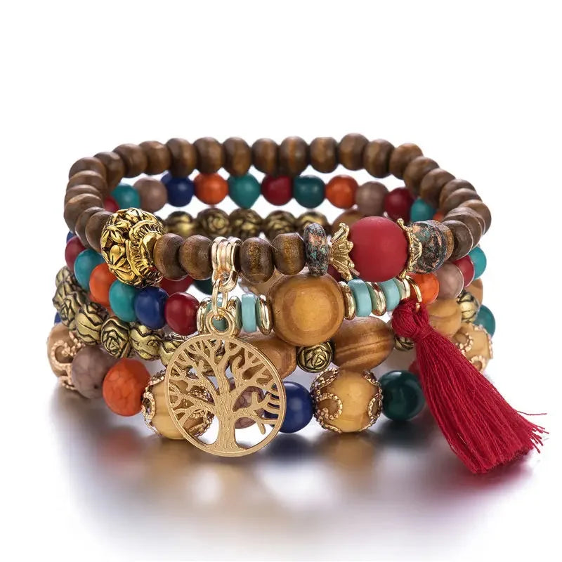 Boho Tree Of Life Bracelet Set For Women Fashion Tassels Charm Wooden Beads Elastic Chain Bangle Girl Trendy Party Jewelry