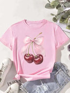 Fashion Cherry Print Women T-Shirt Short Sleeve Crew Neck Casual Tops for Summer Spring Women's Clothing Tops Tees