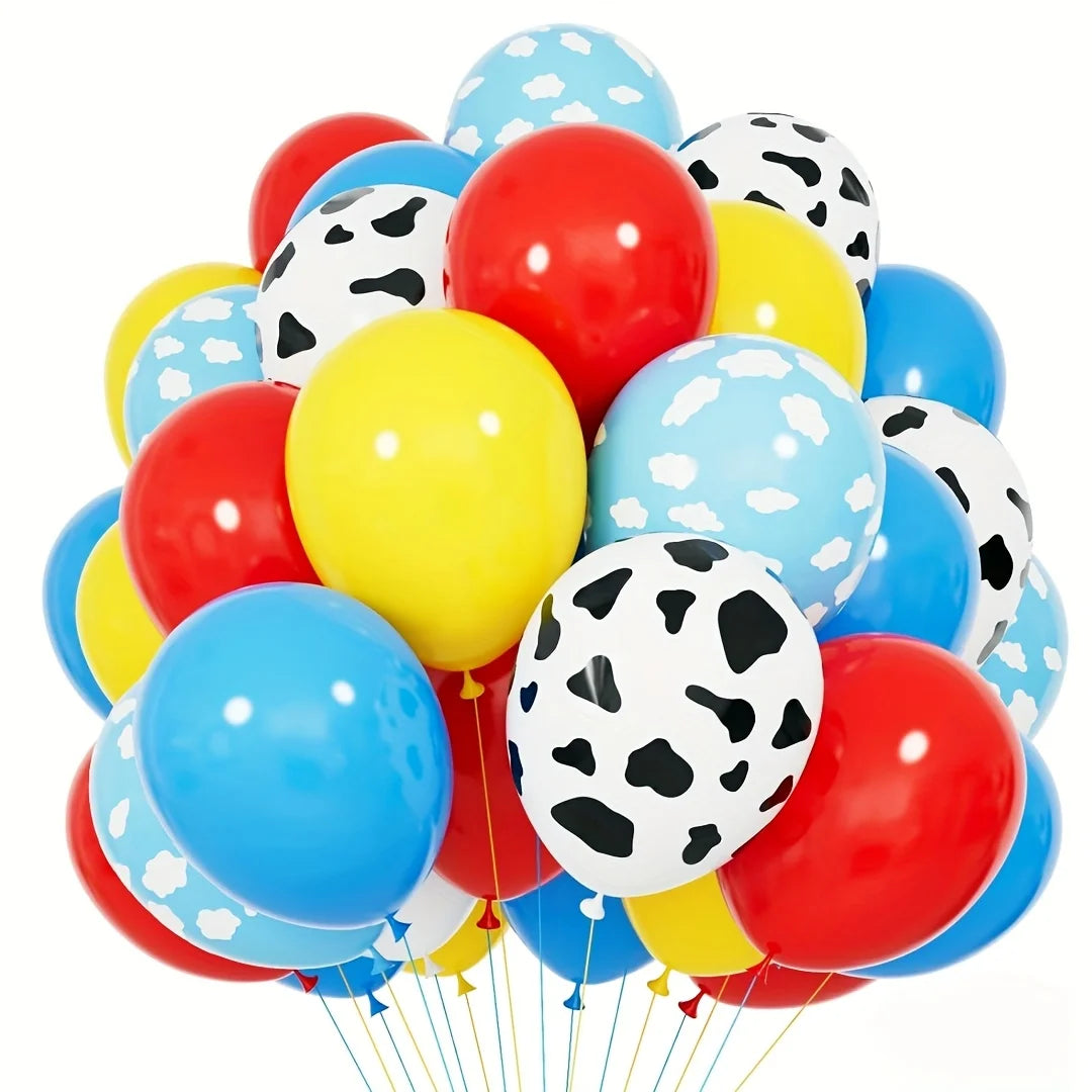Red Yellow Blue Toy Balloons,Light Blue Cloud Cow Print Balloons for Baby's Birthday Story and Football Party Themed Decorations
