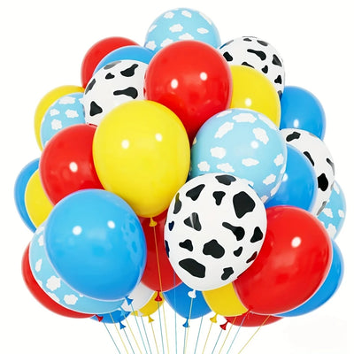 Red Yellow Blue Toy Balloons,Light Blue Cloud Cow Print Balloons for Baby's Birthday Story and Football Party Themed Decorations