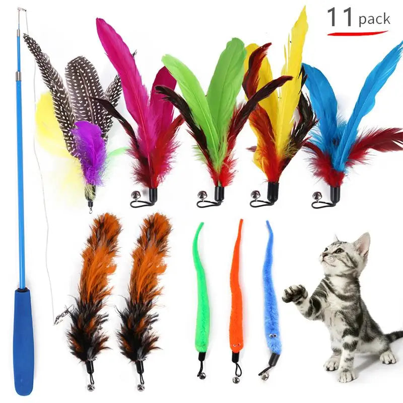 11PCS Cat Feather Toy Set – Replacement Feather Heads & Retractable Cat Wand Interactive Teaser Toys