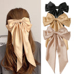 Korean Accessories Hair Clips for Women Girls Big Bowknot Solid Satin Long Ribbon Bows Spring Clamp Barette Cheveux Femme 2023