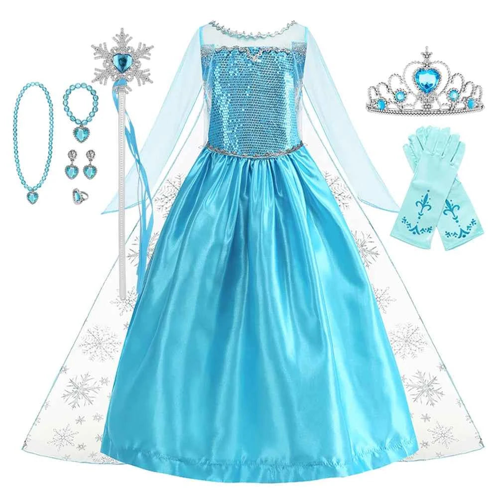 Disney Frozen Elsa Snow Queen Princess Dress Girls Costume Halloween Kids Role-play Carnival Children Birthday Party Dress