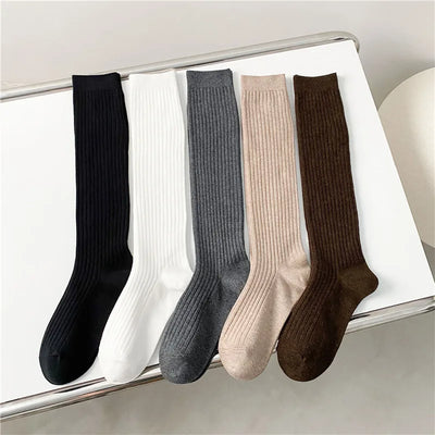 Women’s Solid Color Knee High Socks Long Fashion Casual Preppy Style Stockings Female School Kawaii Cotton Comfy Trendy Socks