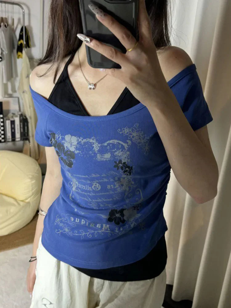 2026 Summer Vintage Fake Two Piece Halter Lace Up T-shirts Y2k Slim Fit Print Tops Women Off Shoulder Short Sleeve Tee Shirt