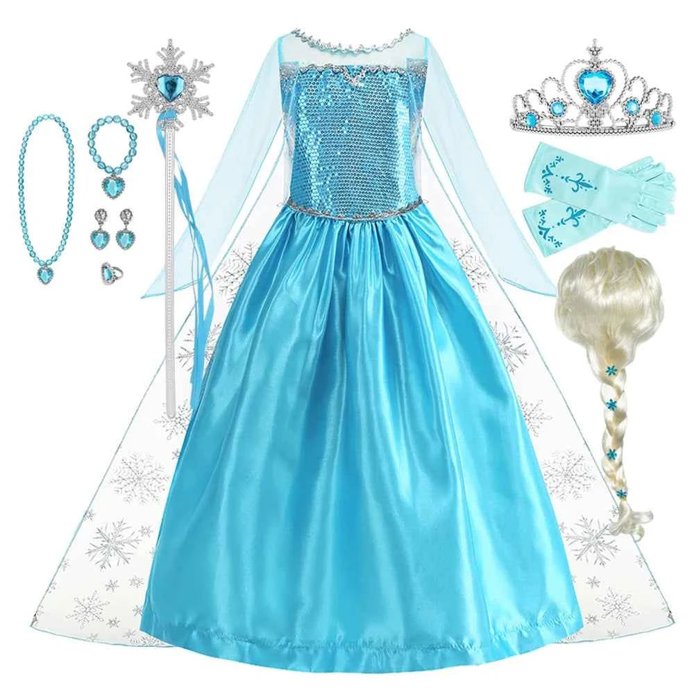 Disney Frozen Elsa Snow Queen Princess Dress Girls Costume Halloween Kids Role-play Carnival Children Birthday Party Dress