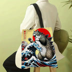 Catzilla Japanese Art Tote Bag Reusable Shoulder Shopping Beach Bag For Women, Durable Casual Carryall