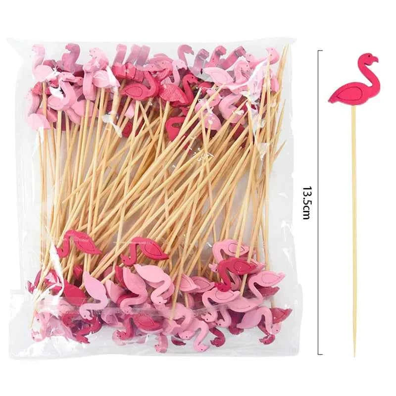 100Pcs Disposable Bamboo Skewer Hawaiian Flamingo Pearl Cocktail Picks Buffet Food Fruit Forks For Wedding Birthday Party Decor
