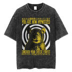 Creepy Cute Animal Graphic T-Shirts Vintage Washed Black Tees Funny Horror & Relatable Quotes Perfect for Anime Fans Streetwear