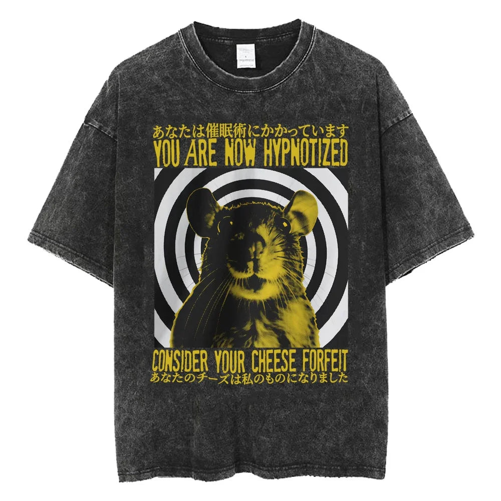 Creepy Cute Animal Graphic T-Shirts Vintage Washed Black Tees Funny Horror & Relatable Quotes Perfect for Anime Fans Streetwear