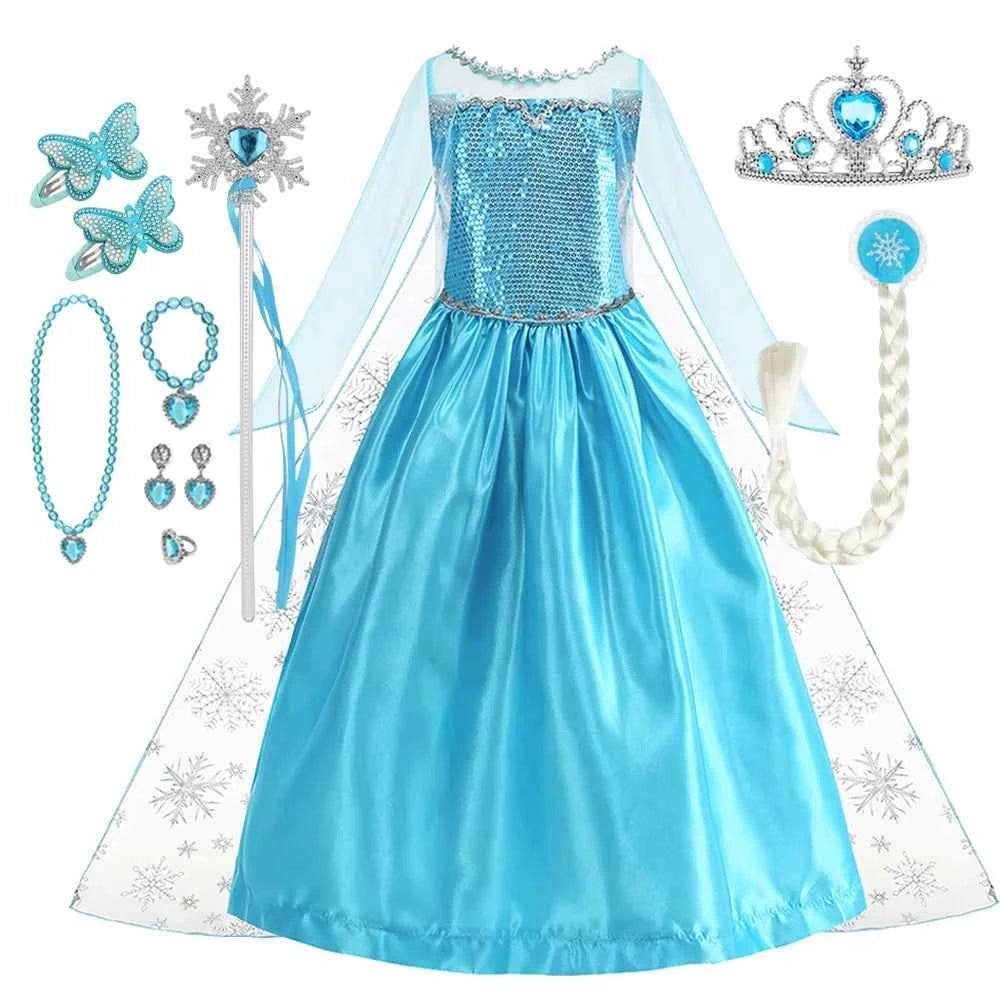 Disney Frozen Elsa Snow Queen Princess Dress Girls Costume Halloween Kids Role-play Carnival Children Birthday Party Dress