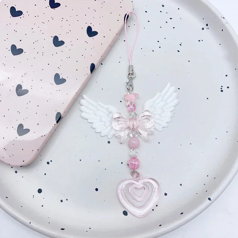 Lovely Wings Bow Heart Mobile Strap Phone Pendant Chain For Girls Women Fashion Sweet Keychain Bags Decorative Accessories Gifts