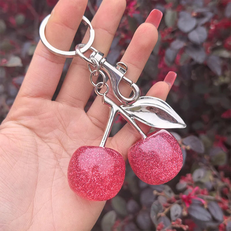 Fashion Delicate Red Cherry Charm Keychain 3 Color Gold Silver Keyring Elegant Women's Backpack Purse Charm Earrings Jewelry