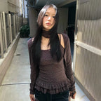 Karrram Japanese Y2k Knitted Tops Two Piece Set Vintage Harajuku Button Knit T-shirt Sets Korean 2000s Style Knitwear American