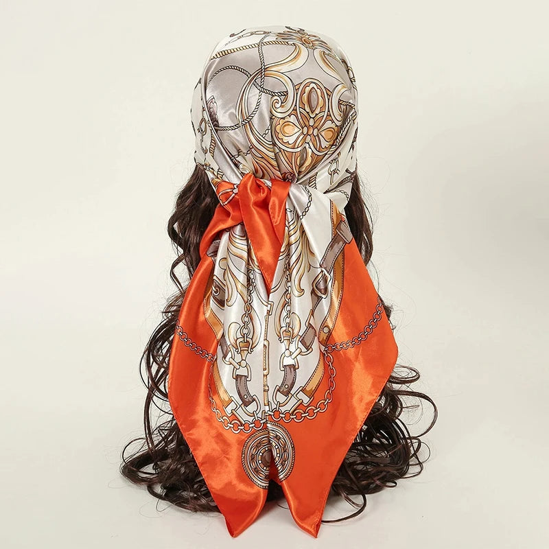 Satin Square Scarf Women Muslim Hijab Elegant 2025 Print Silk Neckerchief Shawl Wraps Headband Handle Hair Accessories Bandana
