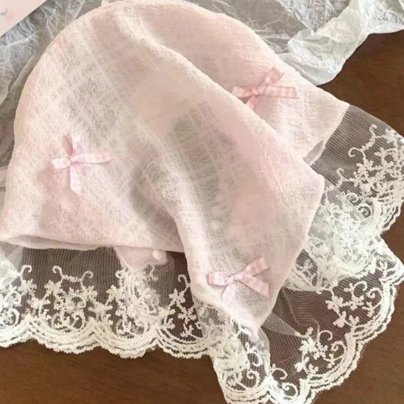 Korean Lace Bow Retro Triangular Scarf Solid Color Headscarf Trend Elegant Headwear for Women Girl Y2K Jewelry 2024 INS Bandana
