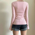 Women Solid Lace Trim Patchwork Button Flared Sleeves Shirt Casual V Neck Knit Top Y2k Aesthetic Fall Clothes Fairycore