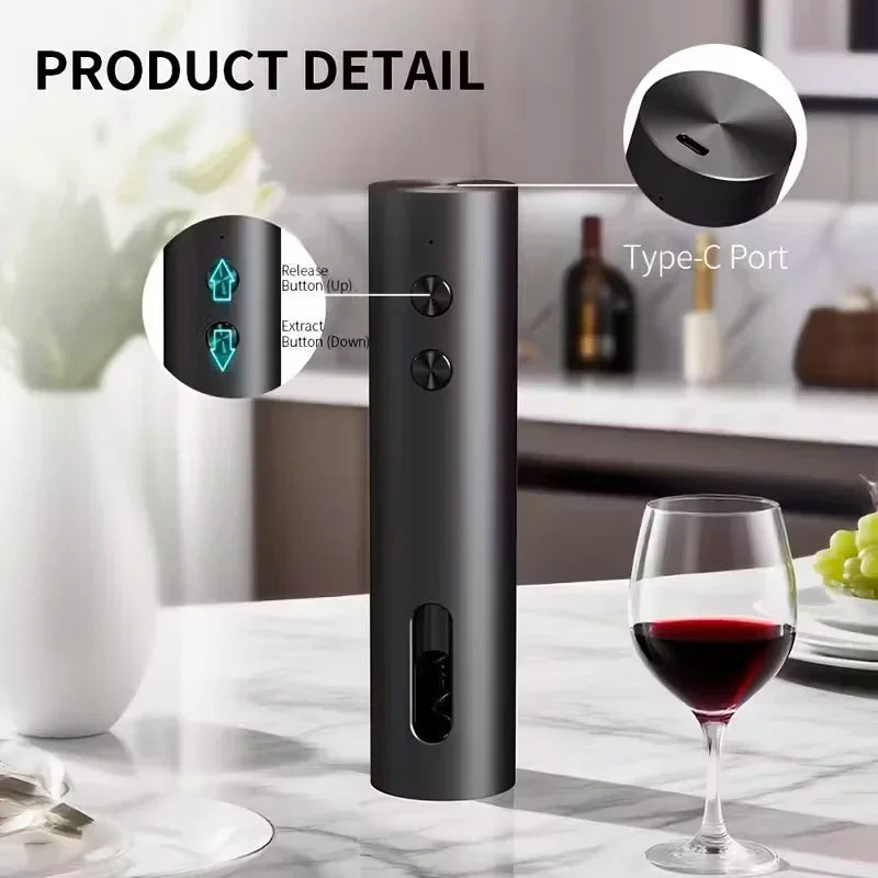 Rechargeable Electric Wine Opener with Foil Cutter, Wine Pourer & Vacuum Stopper USB-C Charging Compact Design for Home Kitchen