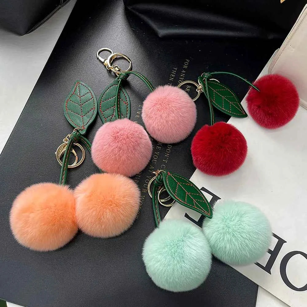Cute Fluffy Cherry Fur Ball Keychain Bag Pendant Charm