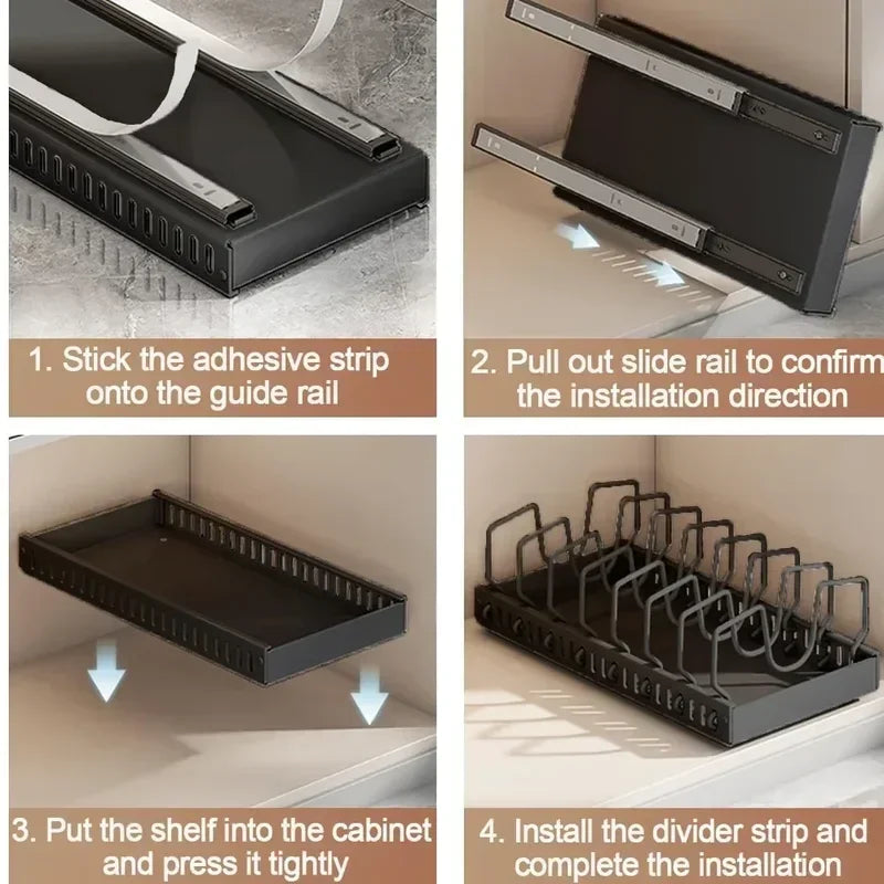 Pull‑Out Pots Pans Organizer Sliding Kitchen Storage Rack for Lids Spices Tableware