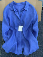 Women Linen Shirt Casual Loose Long Sleeve Thin Summer Top Pure Color Turn Down Collar French Style Sunscreen Clothing