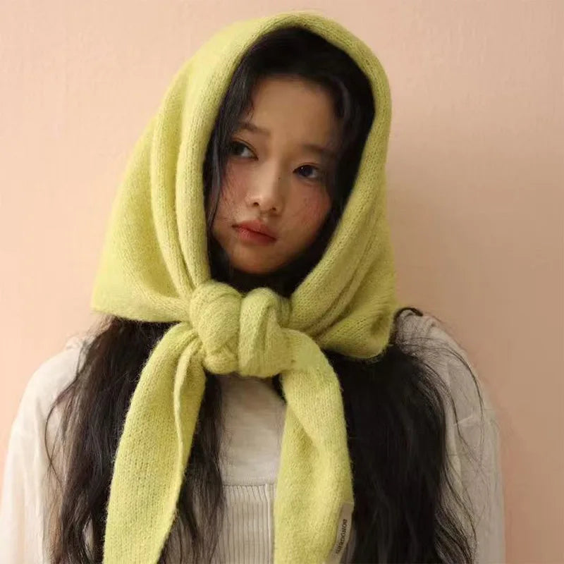 Big Size Wool Korean Style Knitted Triangular Scarf Women Winter Warm Headscarf Shawl Sold Color Neckerchief Kerchief Hijab
