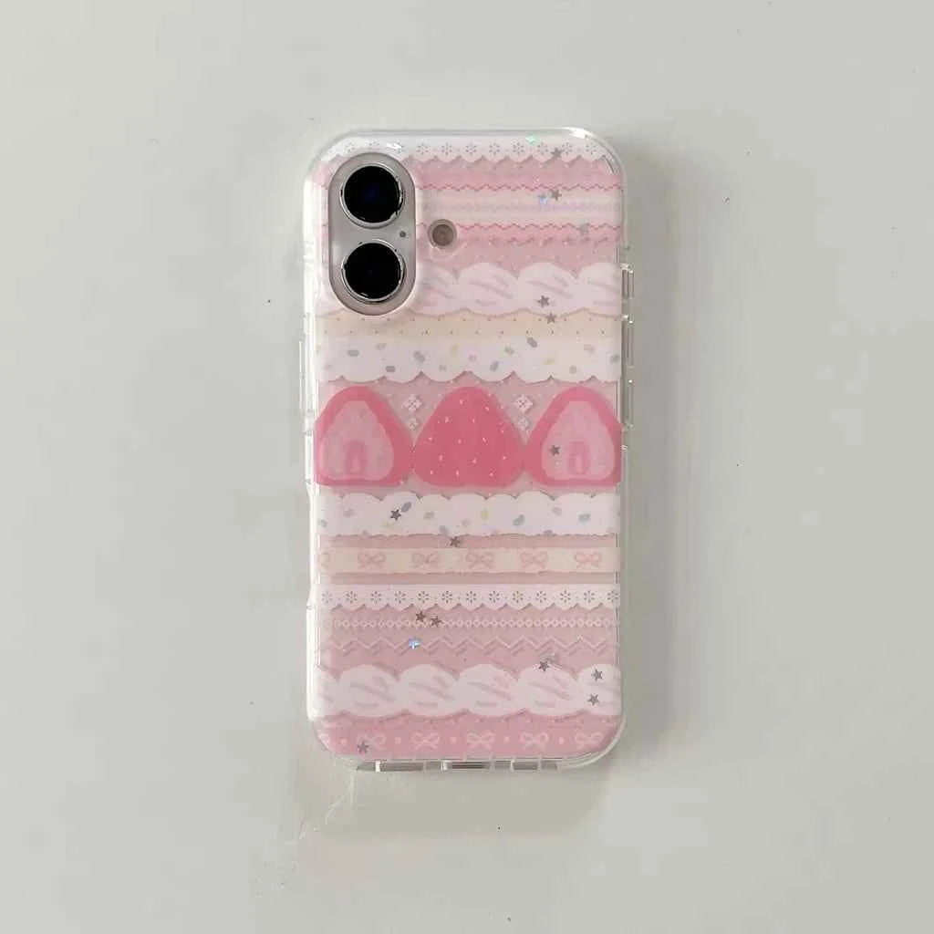 Cream Strawberry Cake Lace Bowknot Phone Case For iPhone 17 Air 16 ProMax 15 14 Plus 13 12 11 Pro Shockproof Silicone Back Cover