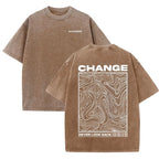 "CHANGE" Topographic Line Art Print Vintage Washed Beige Casual Graphic T Shirt
