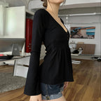 Women Solid Lace Trim Patchwork Button Flared Sleeves Shirt Casual V Neck Knit Top Y2k Aesthetic Fall Clothes Fairycore