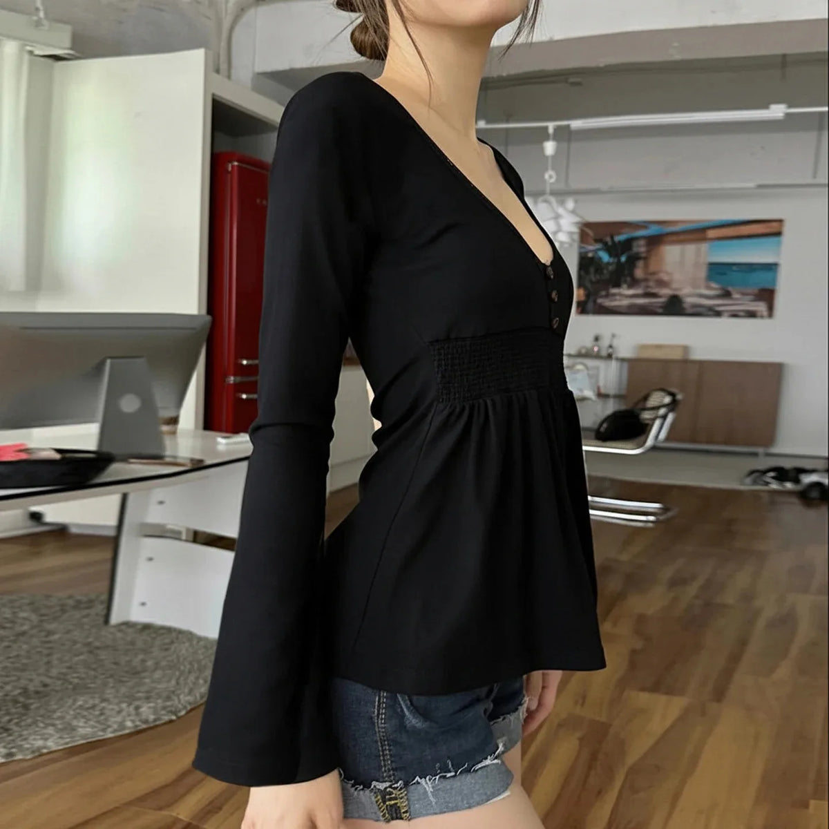 Women Solid Lace Trim Patchwork Button Flared Sleeves Shirt Casual V Neck Knit Top Y2k Aesthetic Fall Clothes Fairycore
