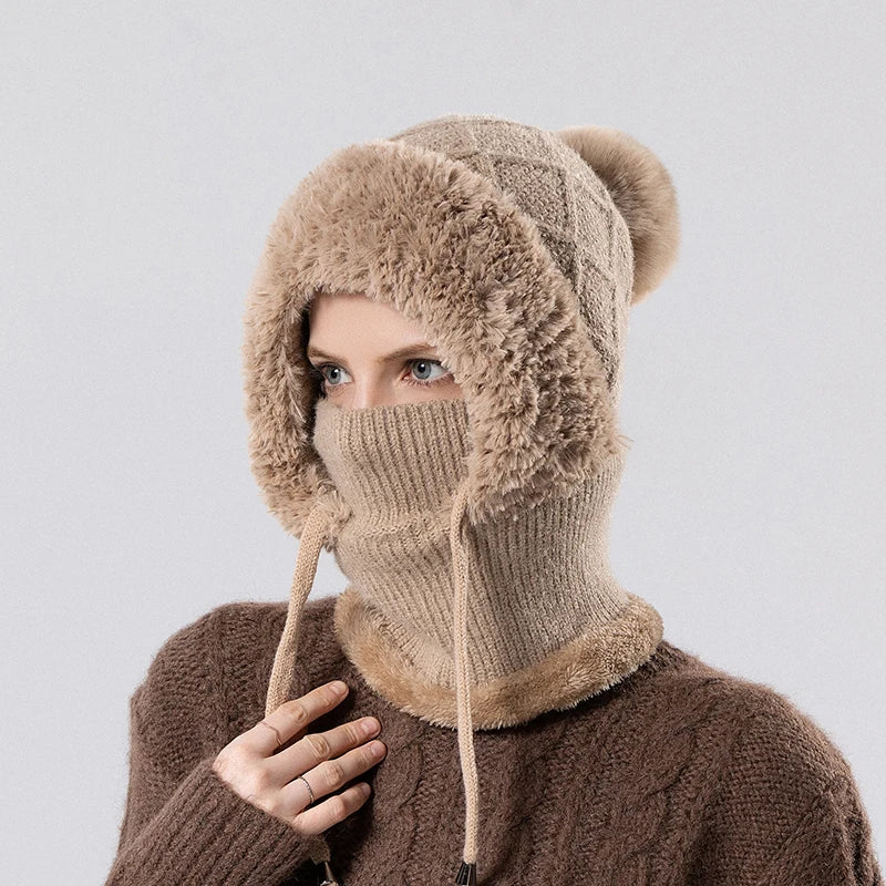 Women Winter Velvet Knitted Woolen Balaclava Hat Ear Protection fluffy Hat Mask Neck Integrated Warmth Cover Hat lady hooded cap