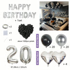 1050/21/200pcs Black & Silver Party Balloons Decorations, Silver Happy Birthday Banner, Chrome Silver Latex Balloons
