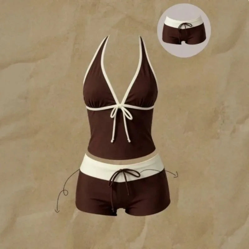 Women Y2k Sweet Bikini Set Japanese Kawaii Print Ruffles Lolita Swimsuit Crop Top + Skirt Two Piece Swimwear Beach Wear