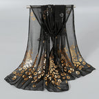 Elegant Peacock Printed Hijab Gold Glitter Polyester Scarf For Woman Solid Color Shawls Summer Sun Protection Headband 170*60cm