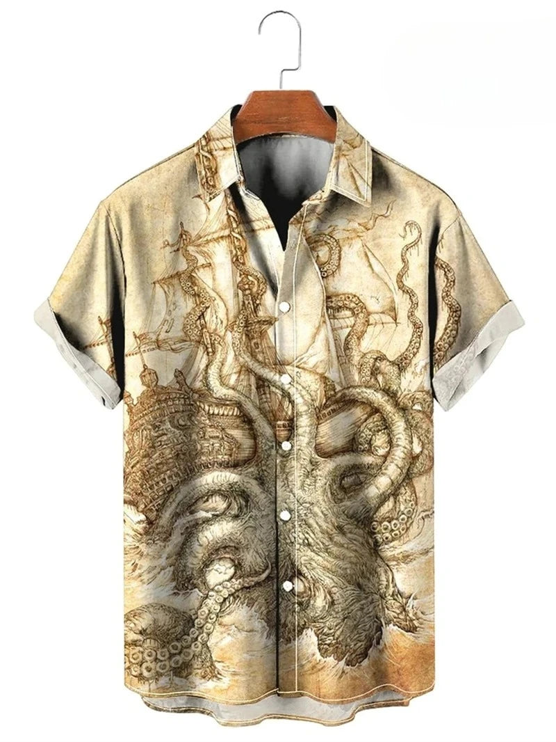 Vintage Button Up Shirt Man 3d Map Printed Short Sleeve Hawaiian Shirt Lapel Men's Clothing Casual Fashion Tops Oversized Tshirt