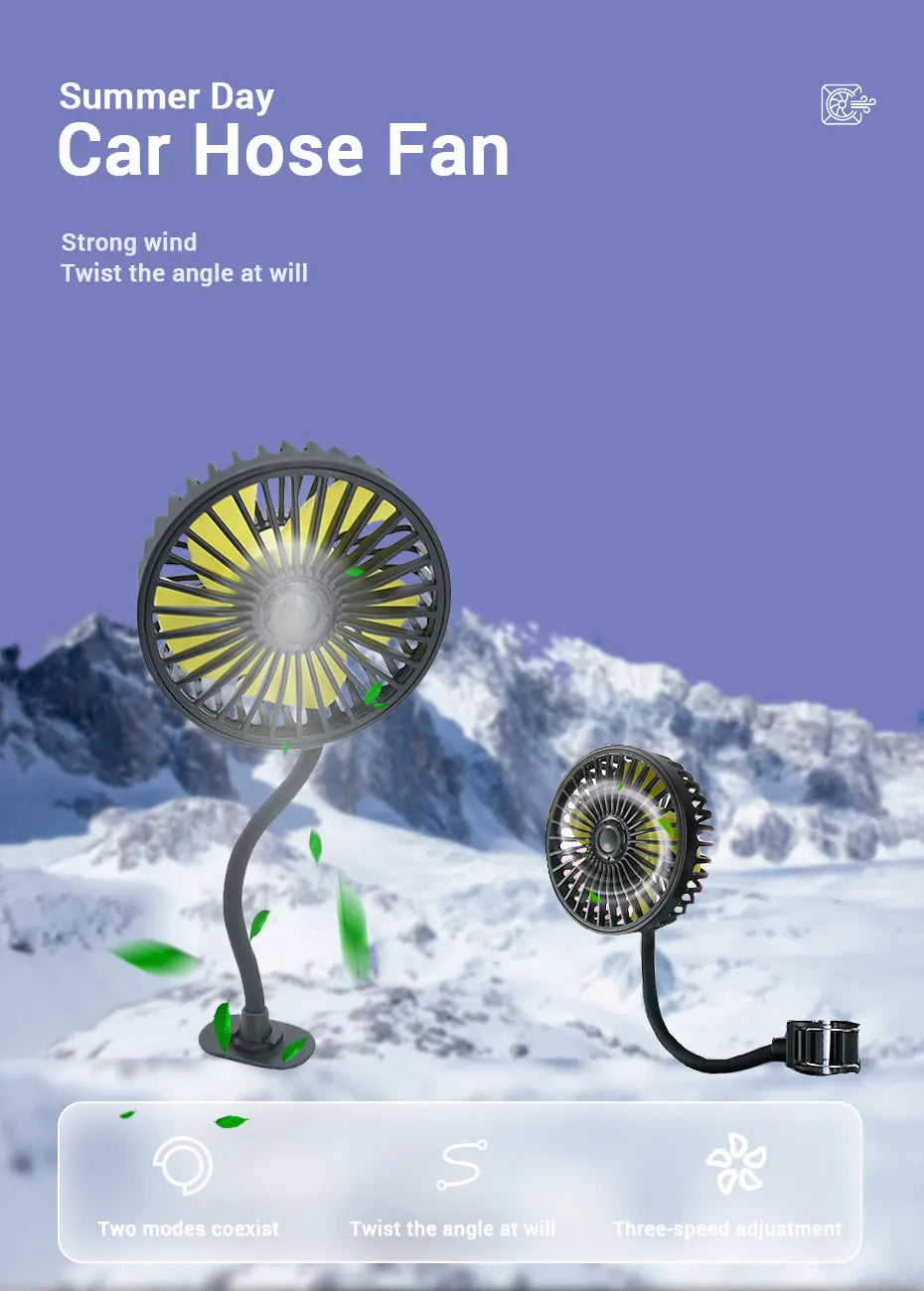 SEAMETAL Car Electric Fan Strong Wind 3-Speed Cooling Fan for Rear Seat Passenger Portable 360 Degree Rotatable Car Air Fan