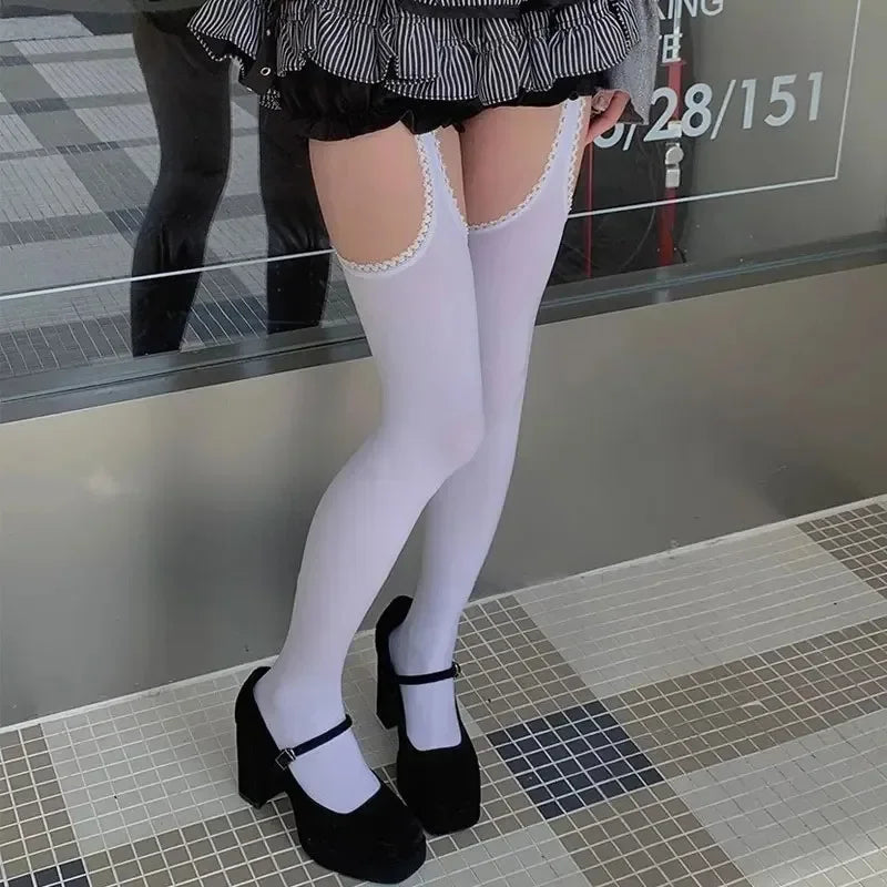Women Suspender Wide-banded Velvet Tights Lolita Thin Thigh High Stockings with Garters Y2K JK College Style Over The Knee Socks