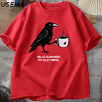 Vintage Crow Coffee T Shirt Halloween T-Shirt Fall Tee Women Men Cotton Tops Creative Crew Neck Tees Short Sleeve Loose TShirt