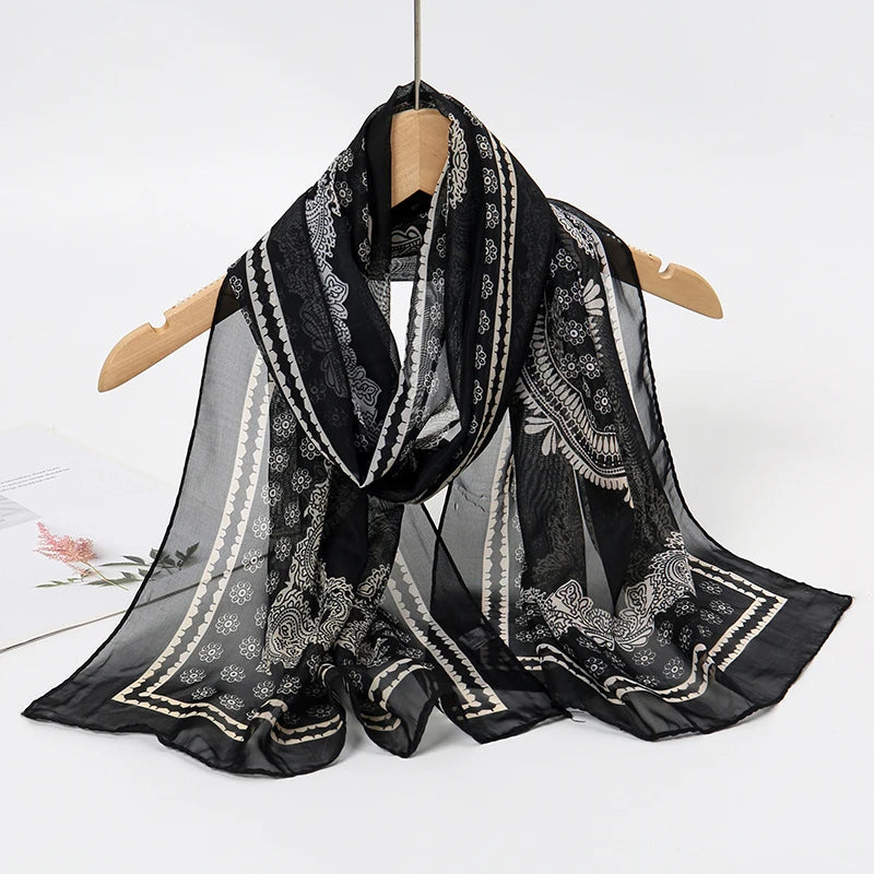 2024 New Print Chiffon Scarf Shawl Women Sunscreen Silk Scarf Turban Long Wrap Beach Travel Outdoor Accessories Trendy Headband