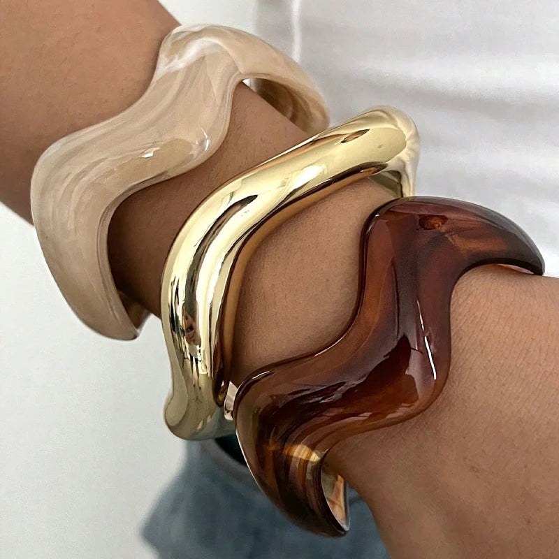 3Pcs Irregular Wavy Cuff Bangle Set For Women Resin Chunky Wave Bracelets Minimalist Stackable Wristband Trendy Jewelry Gift New