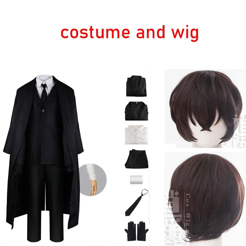 Homchee Trends COS Dazai Cosplay Costume Black Trench Jacket Dazai Outfits Uniform Halloween Kostum For Anime Comic Con