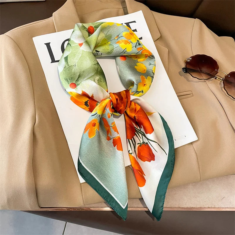 2025 Silk Shawl Print Headscarf Cat Hair Wrap Neckerchief Female Satin Square Scarf For Women Headband Foulard Hijab Bandana